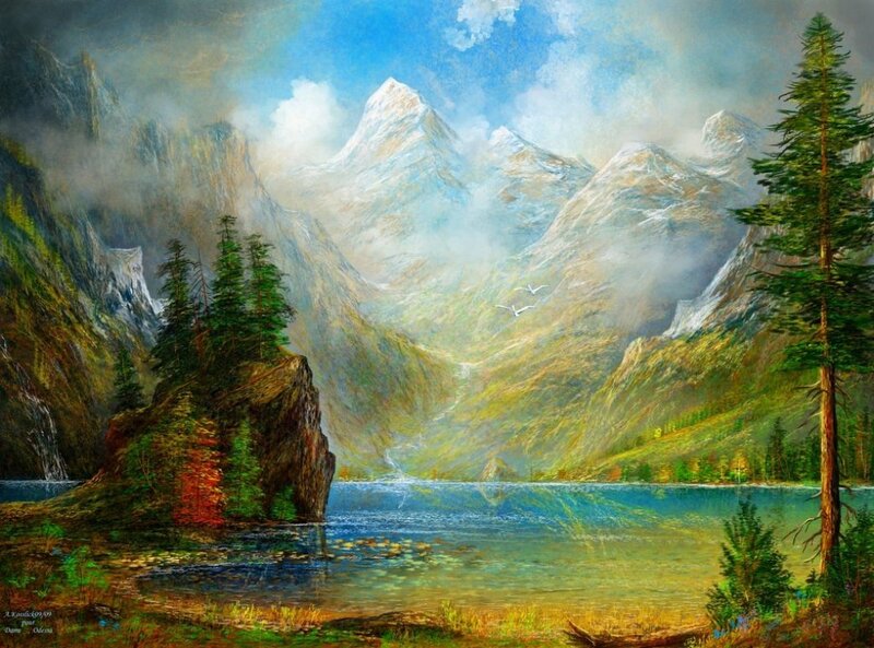 Mountain Lake Landscape — Blue, Serene, Afternoon, Painting, Mountains, Trees