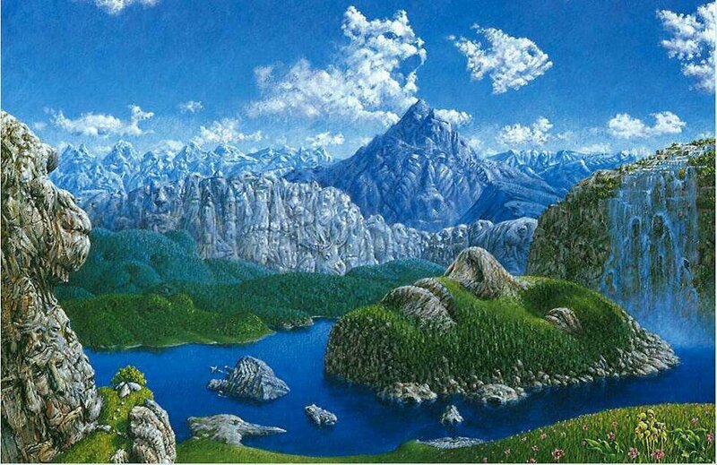 Mountain Lake Landscape — Blue, Serene, Afternoon, Painting, Mountains, Waterfall