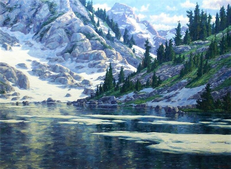 Mountain Lake Landscape — Blue, Serene, Afternoon, Painting, Snow