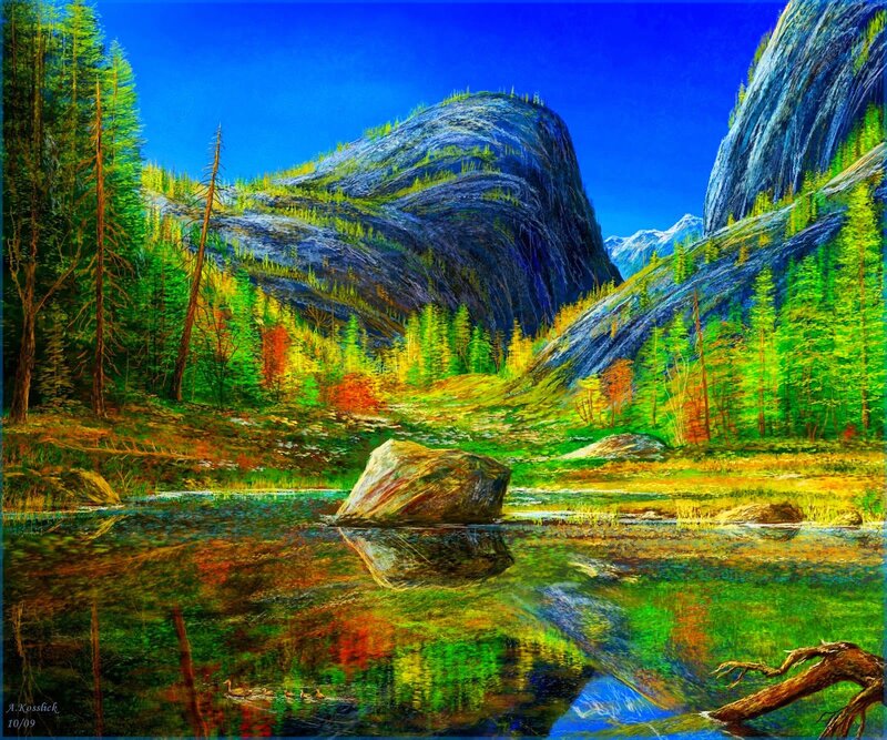 Mountain Lake Landscape — Blue, Serene, Afternoon, Painting, Trees, Rocks