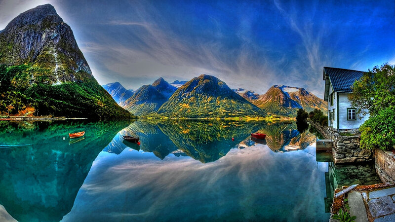 Mountain Lake Landscape — Blue, Serene, Afternoon, Photograph, Boat