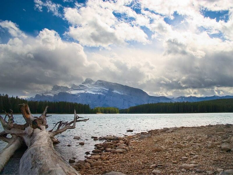 Mountain Lake Landscape — Blue, Serene, Afternoon, Photograph, Driftwood