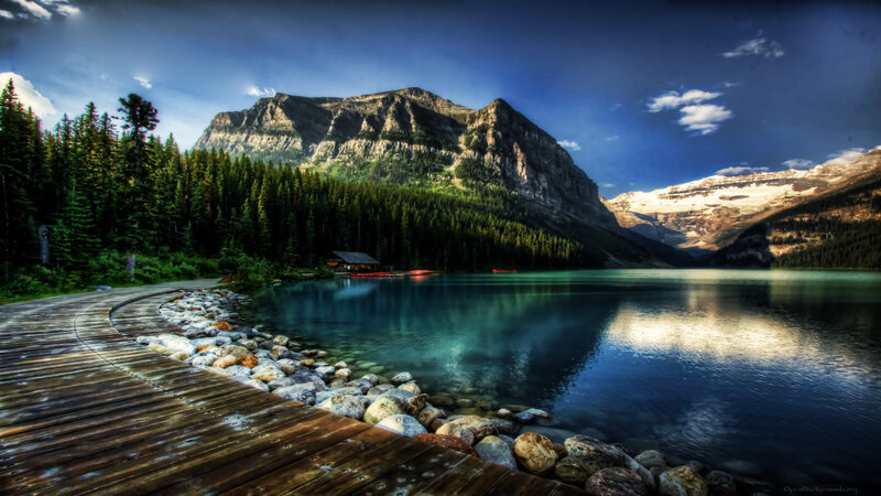 Mountain Lake Landscape — Blue, Serene, Afternoon, Photograph, Forest, Dock