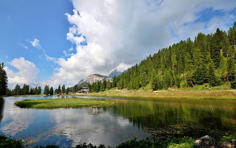 Mountain Lake Landscape — Blue, Serene, Afternoon, Photograph, Forest, Mountains, Building