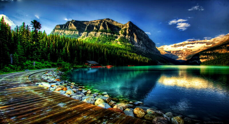 Mountain Lake Landscape — Blue, Serene, Afternoon, Photograph, Forest, Mountains