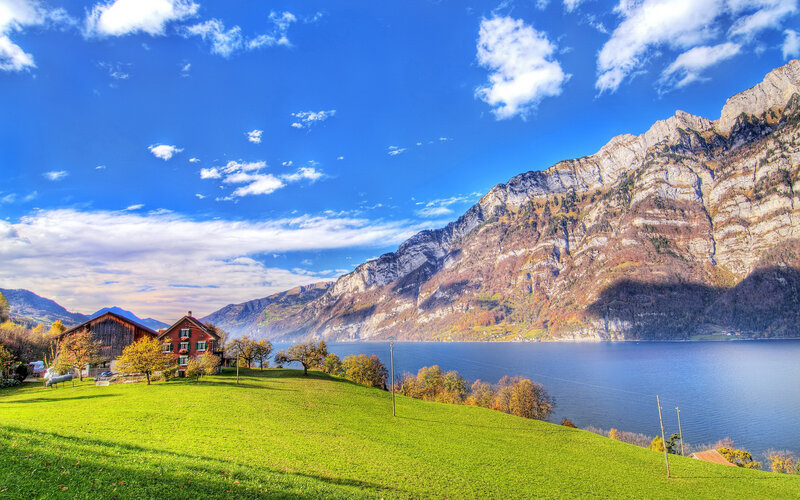 Mountain Lake Landscape — Blue, Serene, Afternoon, Photograph, House