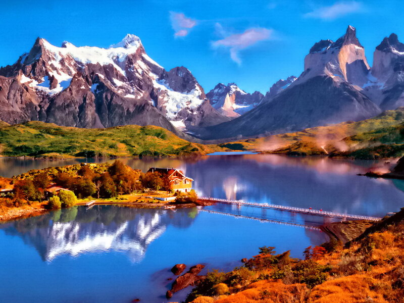 Mountain Lake Landscape — Blue, Serene, Afternoon, Photograph, Mountains, Bridge