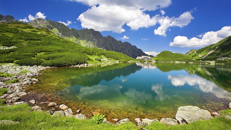 Mountain Lake Landscape — Blue, Serene, Afternoon, Photograph, Mountains, Building