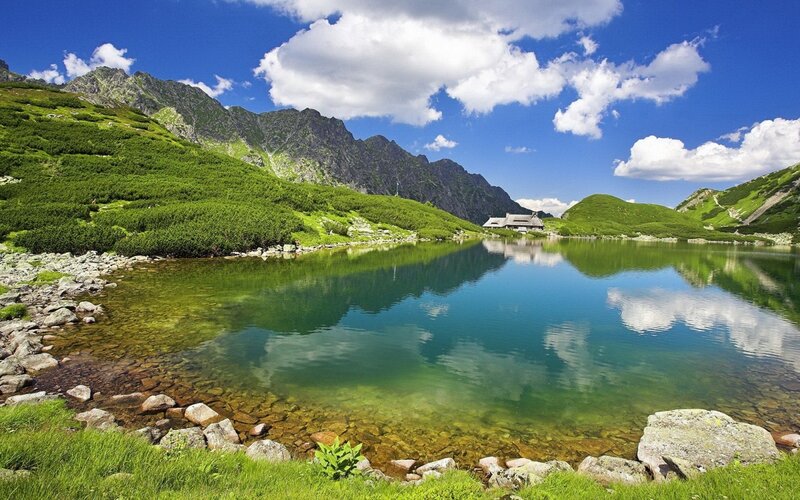 Mountain Lake Landscape — Blue, Serene, Afternoon, Photograph, Mountains, Clouds, Building