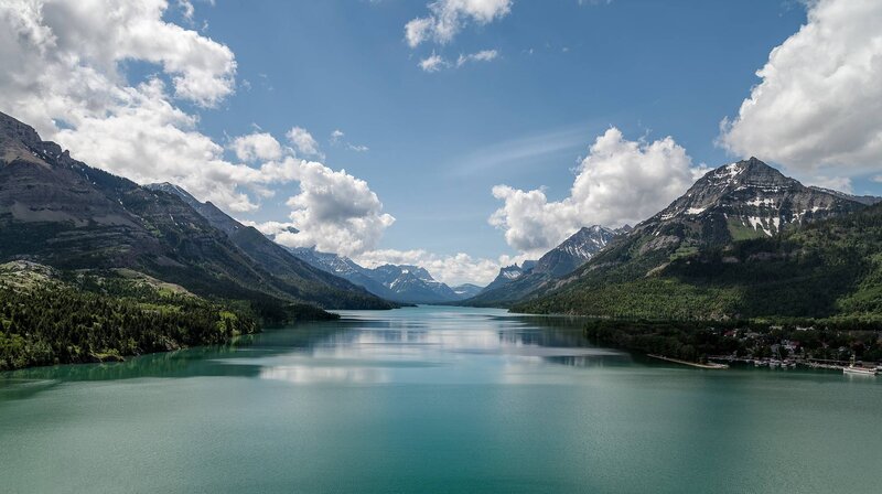 Mountain Lake Landscape — Blue, Serene, Afternoon, Photograph, Mountains, Clouds, Forest
