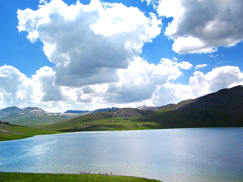 Mountain Lake Landscape — Blue, Serene, Afternoon, Photograph, Mountains, Clouds, Grass