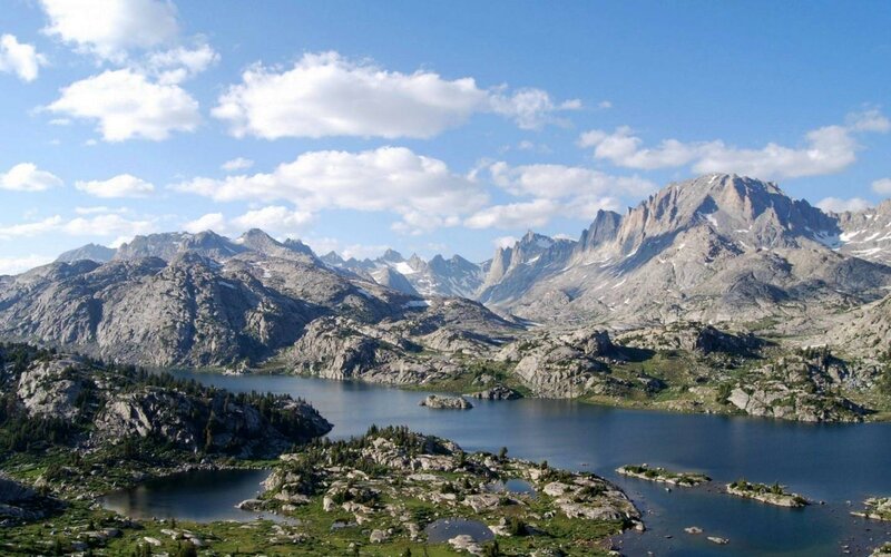 Mountain Lake Landscape — Blue, Serene, Afternoon, Photograph, Mountains, Clouds, Trees