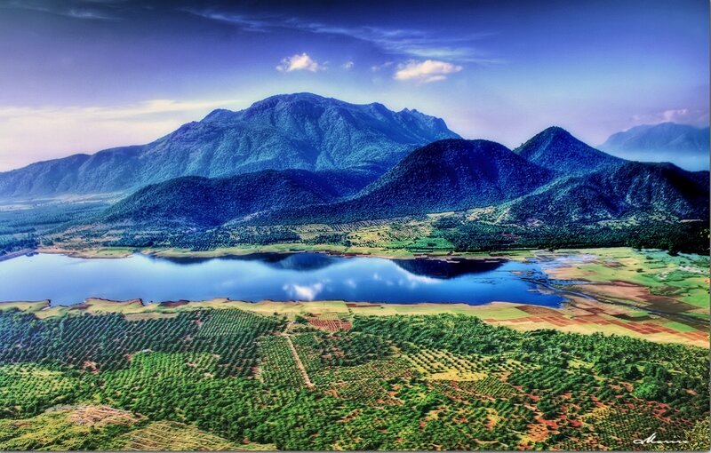Mountain Lake Landscape — Blue, Serene, Afternoon, Photograph, Mountains, Fields, Sky, Green