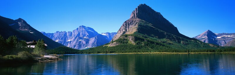 Mountain Lake Landscape — Blue, Serene, Afternoon, Photograph, Mountains, Forest, Cabin, Green