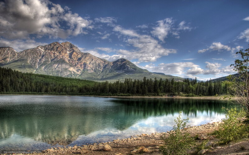 Mountain Lake Landscape — Blue, Serene, Afternoon, Photograph, Mountains, Forest, Clouds, Rocks