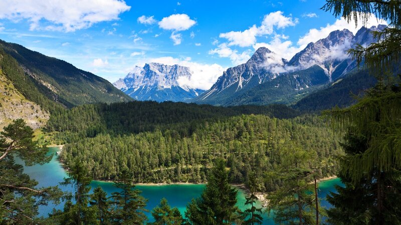 Mountain Lake Landscape — Blue, Serene, Afternoon, Photograph, Mountains, Forest, Clouds