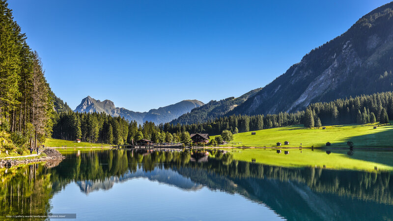 Mountain Lake Landscape — Blue, Serene, Afternoon, Photograph, Mountains, Forest, Huts