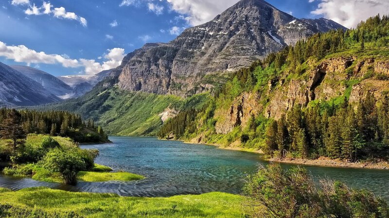 Mountain Lake Landscape — Blue, Serene, Afternoon, Photograph, Mountains, Forest, River
