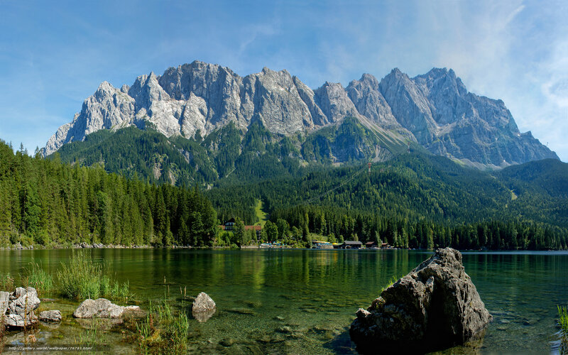 Mountain Lake Landscape — Blue, Serene, Afternoon, Photograph, Mountains, Forest, Rocks