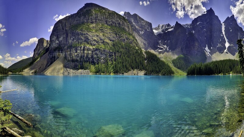 Mountain Lake Landscape — Blue, Serene, Afternoon, Photograph, Mountains, Forest, Sky, Clouds