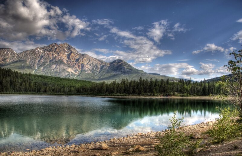 Mountain Lake Landscape — Blue, Serene, Afternoon, Photograph, Mountains, Forest, Sky, Rocks