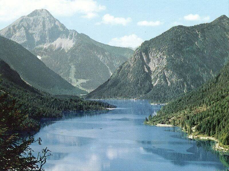 Mountain Lake Landscape — Blue, Serene, Afternoon, Photograph, Mountains, Forest, Sky
