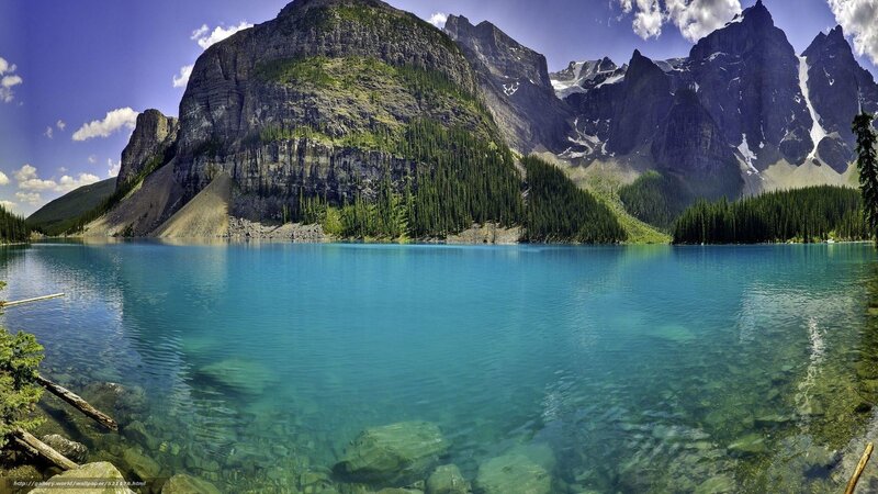 Mountain Lake Landscape — Blue, Serene, Afternoon, Photograph, Mountains, Forest, Sky, Trees