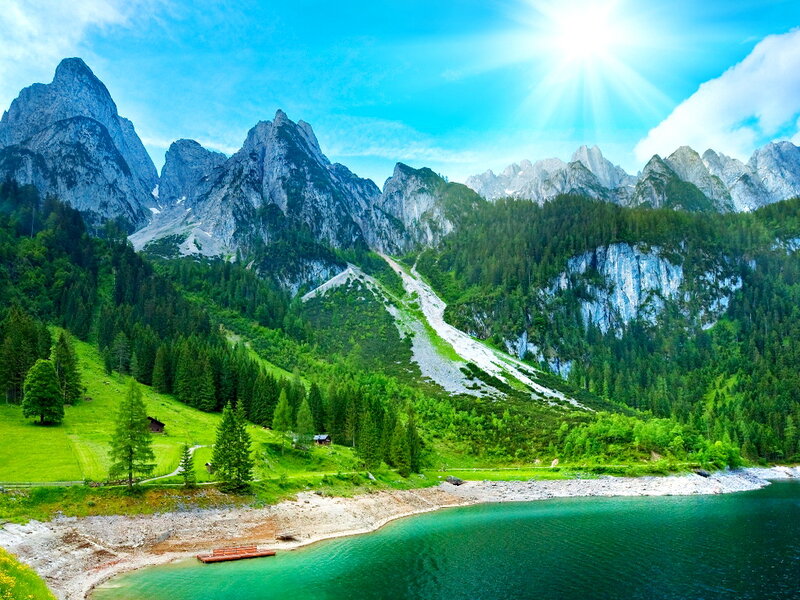Mountain Lake Landscape — Blue, Serene, Afternoon, Photograph, Mountains, Forest, Sun