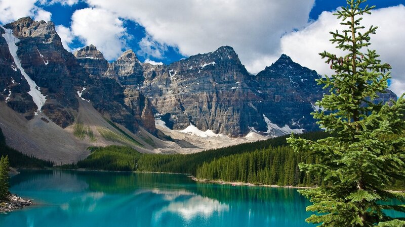 Mountain Lake Landscape — Blue, Serene, Afternoon, Photograph, Mountains, Forest, Tree, Green, Brown
