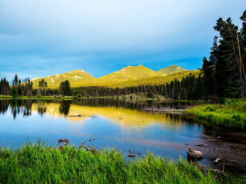 Mountain Lake Landscape — Blue, Serene, Afternoon, Photograph, Mountains, Forest, Trees, Grass