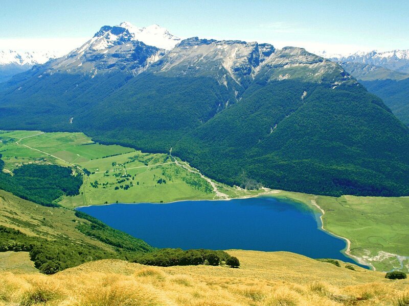 Mountain Lake Landscape — Blue, Serene, Afternoon, Photograph, Mountains, Forests