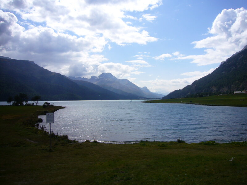 Mountain Lake Landscape — Blue, Serene, Afternoon, Photograph, Mountains, Grass, Clouds
