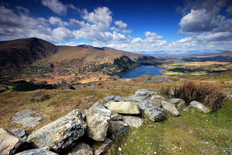 Mountain Lake Landscape — Blue, Serene, Afternoon, Photograph, Mountains, Grass, Rocks, Green