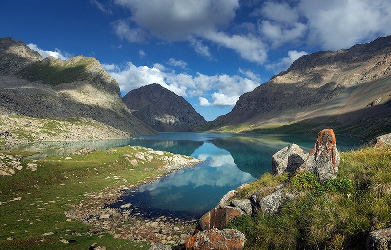 Mountain Lake Landscape — Blue, Serene, Afternoon, Photograph, Mountains, Grass, Rocks