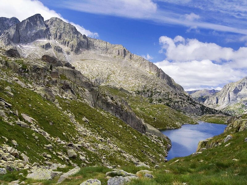 Mountain Lake Landscape — Blue, Serene, Afternoon, Photograph, Mountains, Grass, Sky