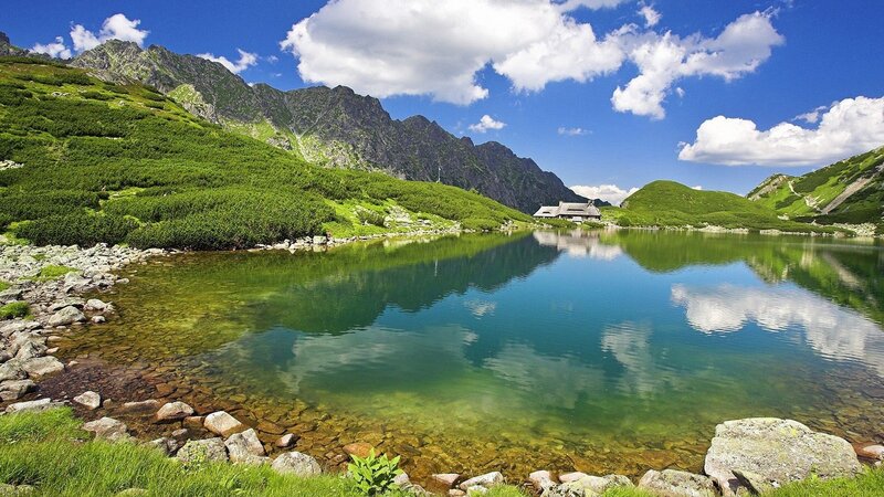 Mountain Lake Landscape — Blue, Serene, Afternoon, Photograph, Mountains, Hut