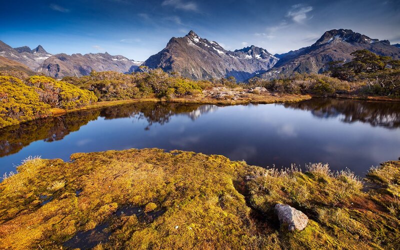 Mountain Lake Landscape — Blue, Serene, Afternoon, Photograph, Mountains, Moss
