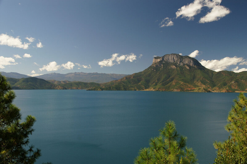 Mountain Lake Landscape — Blue, Serene, Afternoon, Photograph, Mountains, Pine Trees