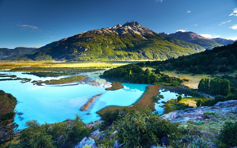 Mountain Lake Landscape — Blue, Serene, Afternoon, Photograph, Mountains, River, Forest