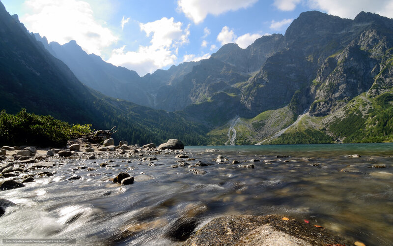 Mountain Lake Landscape — Blue, Serene, Afternoon, Photograph, Mountains, River, Trees, Rocks
