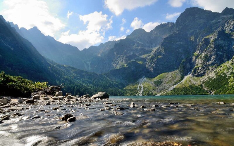 Mountain Lake Landscape — Blue, Serene, Afternoon, Photograph, Mountains, River, Trees