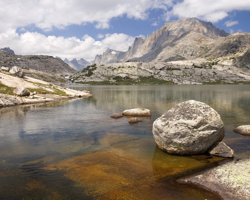 Mountain Lake Landscape — Blue, Serene, Afternoon, Photograph, Mountains, Rocks, Clouds