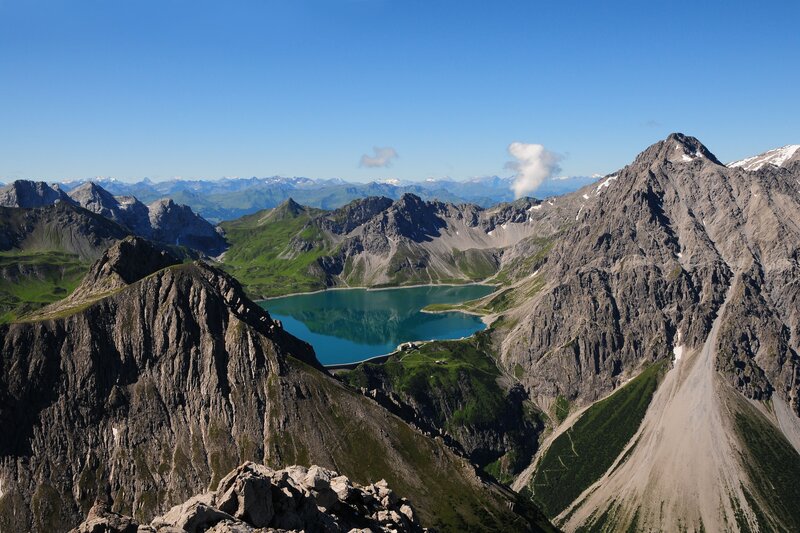 Mountain Lake Landscape — Blue, Serene, Afternoon, Photograph, Mountains, Sky, Clouds