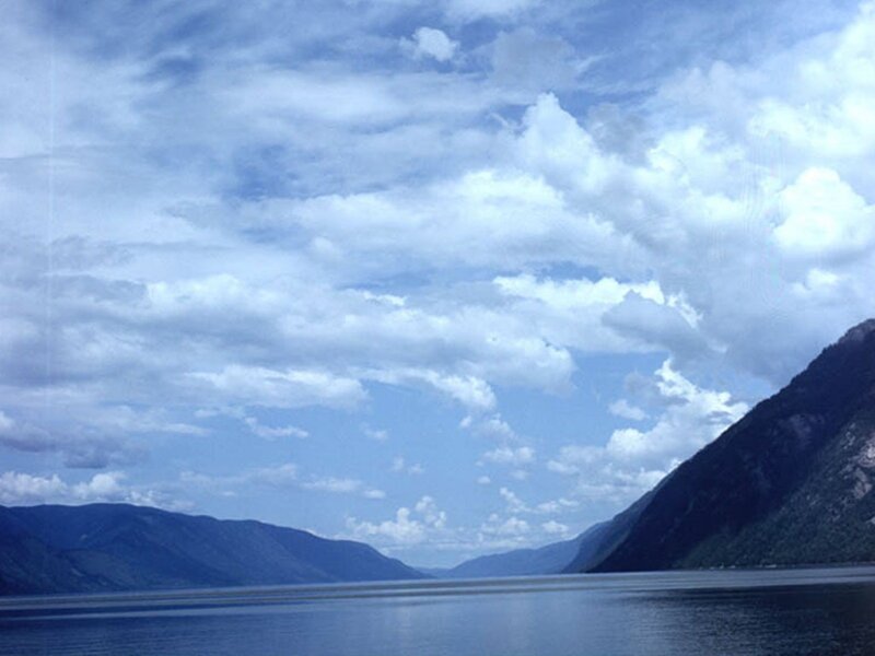 Mountain Lake Landscape — Blue, Serene, Afternoon, Photograph, Mountains, Sky, Clouds, White