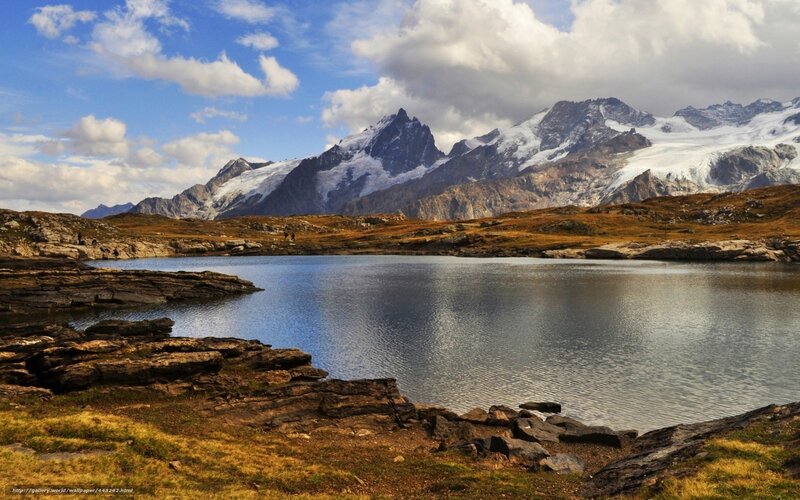 Mountain Lake Landscape — Blue, Serene, Afternoon, Photograph, Mountains, Snow, Clouds