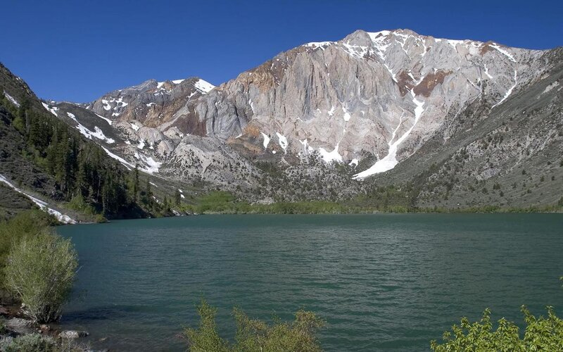 Mountain Lake Landscape — Blue, Serene, Afternoon, Photograph, Mountains, Snow, Trees