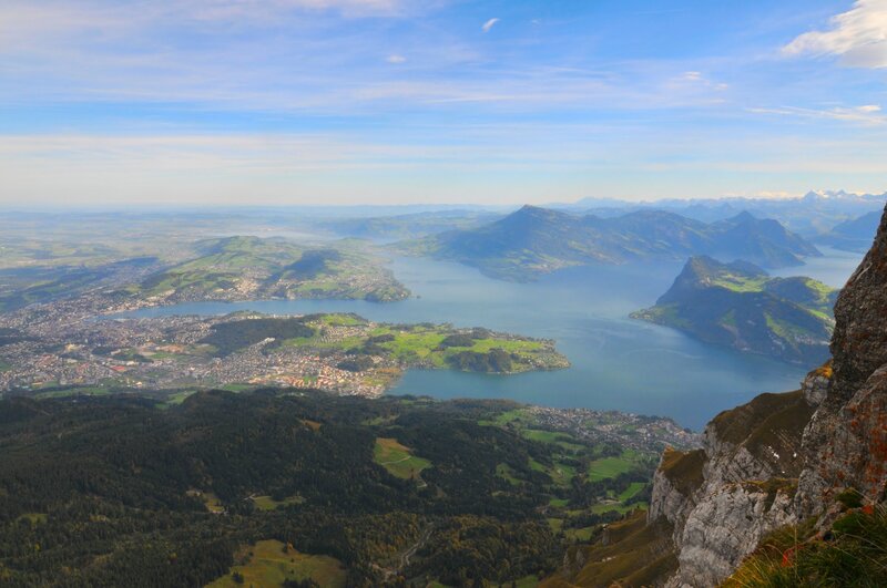 Mountain Lake Landscape — Blue, Serene, Afternoon, Photograph, Mountains, Town