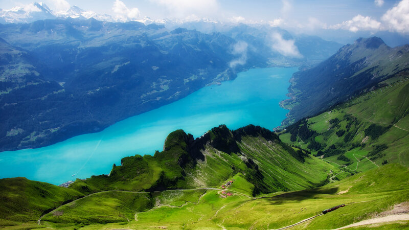 Mountain Lake Landscape — Blue, Serene, Afternoon, Photograph, Mountains, Train