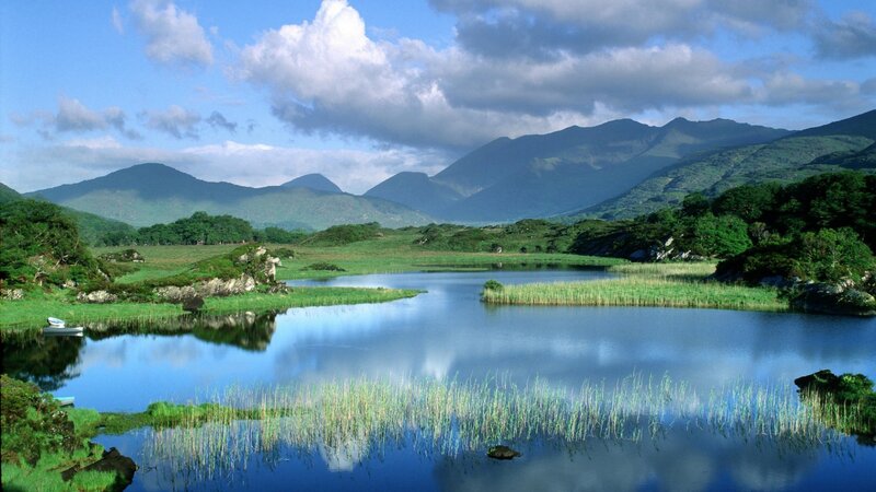 Mountain Lake Landscape — Blue, Serene, Afternoon, Photograph, Mountains, Trees, Boat