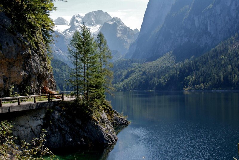 Mountain Lake Landscape — Blue, Serene, Afternoon, Photograph, Mountains, Trees, Bridge